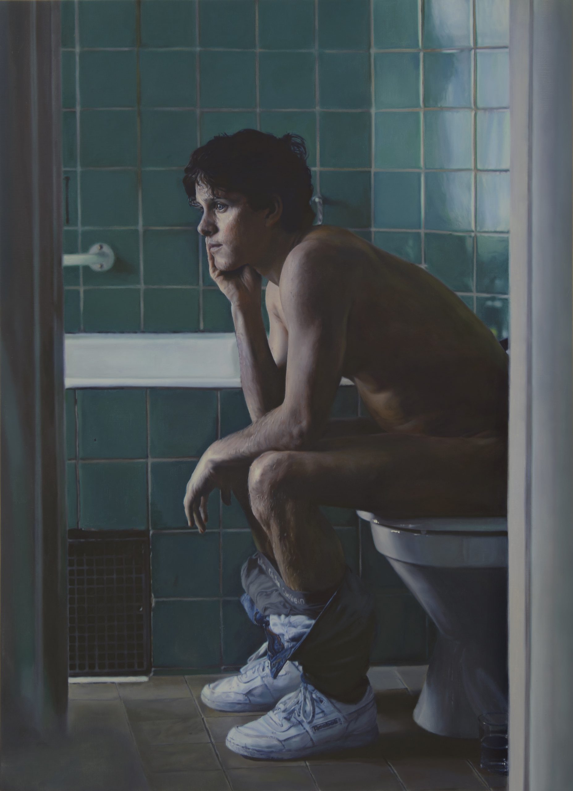 From the series "INTERIOR" (2017 - 2019).
Adam in the bathroom (Adam I badrummet), 2018. Oil on canvas, 109 x 79 cm. Photo: Jean Baptiste Béranger
