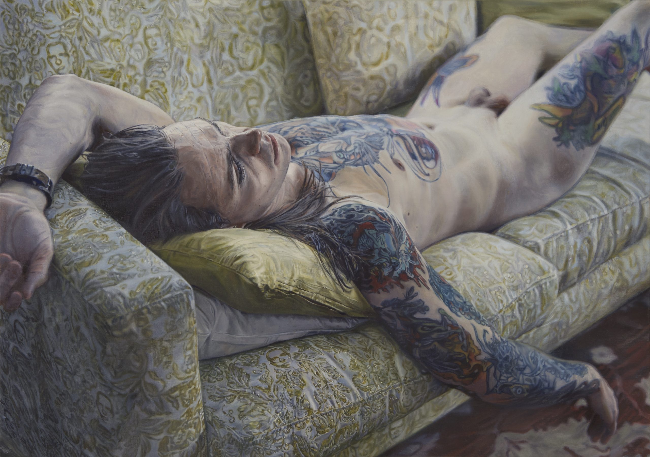 From the series "INTERIOR" (2017 - 2019). Alexander on the couch (Alexander på soffan) 2017, oil on canvas, 91x 64 cm. Photo: Jean Baptiste Béranger