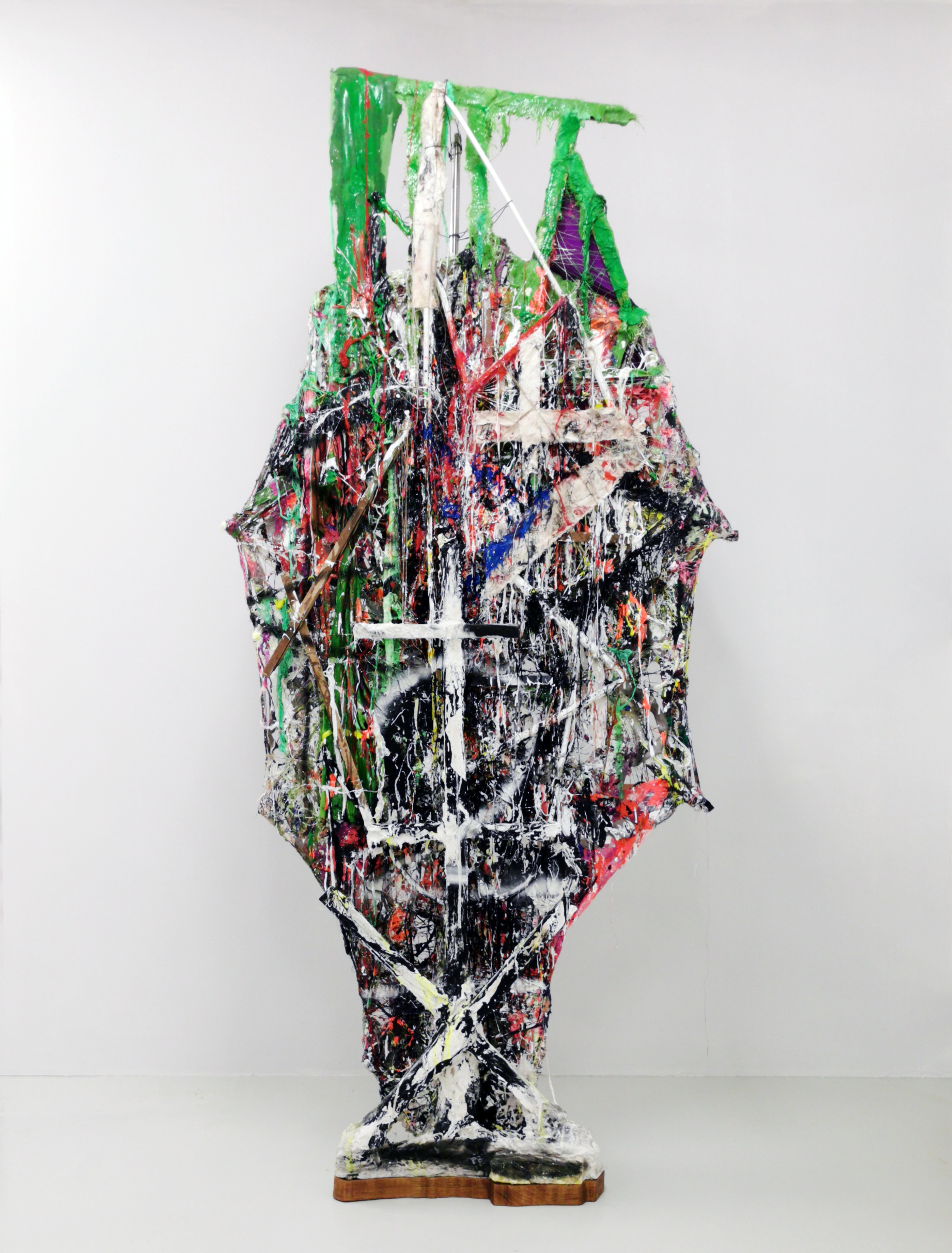 Jakob Westberg, "Dummy nr. 22", 2020.Textiles, glue, acrylics, plaster, epoxy, glassfiber, wood, metal rods spraypaint, 230 x 114 x 41 cm