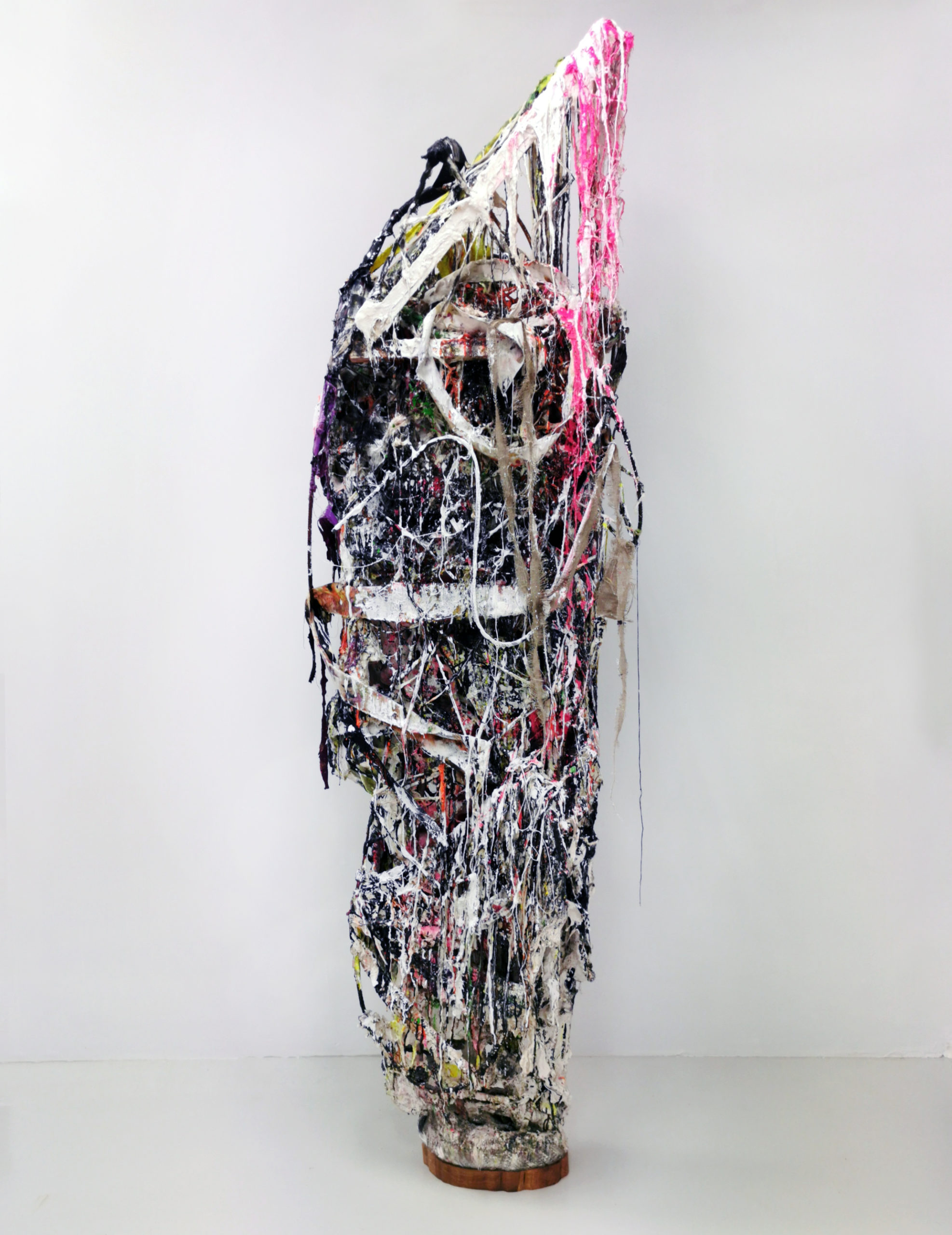 Jakob Westberg, "Dummy nr.23", 2021. Wood, plaster, iron rods, textiles, acrylics, spraypaint, pigments, epoxy oakwood 235 x 84 x 51 cm