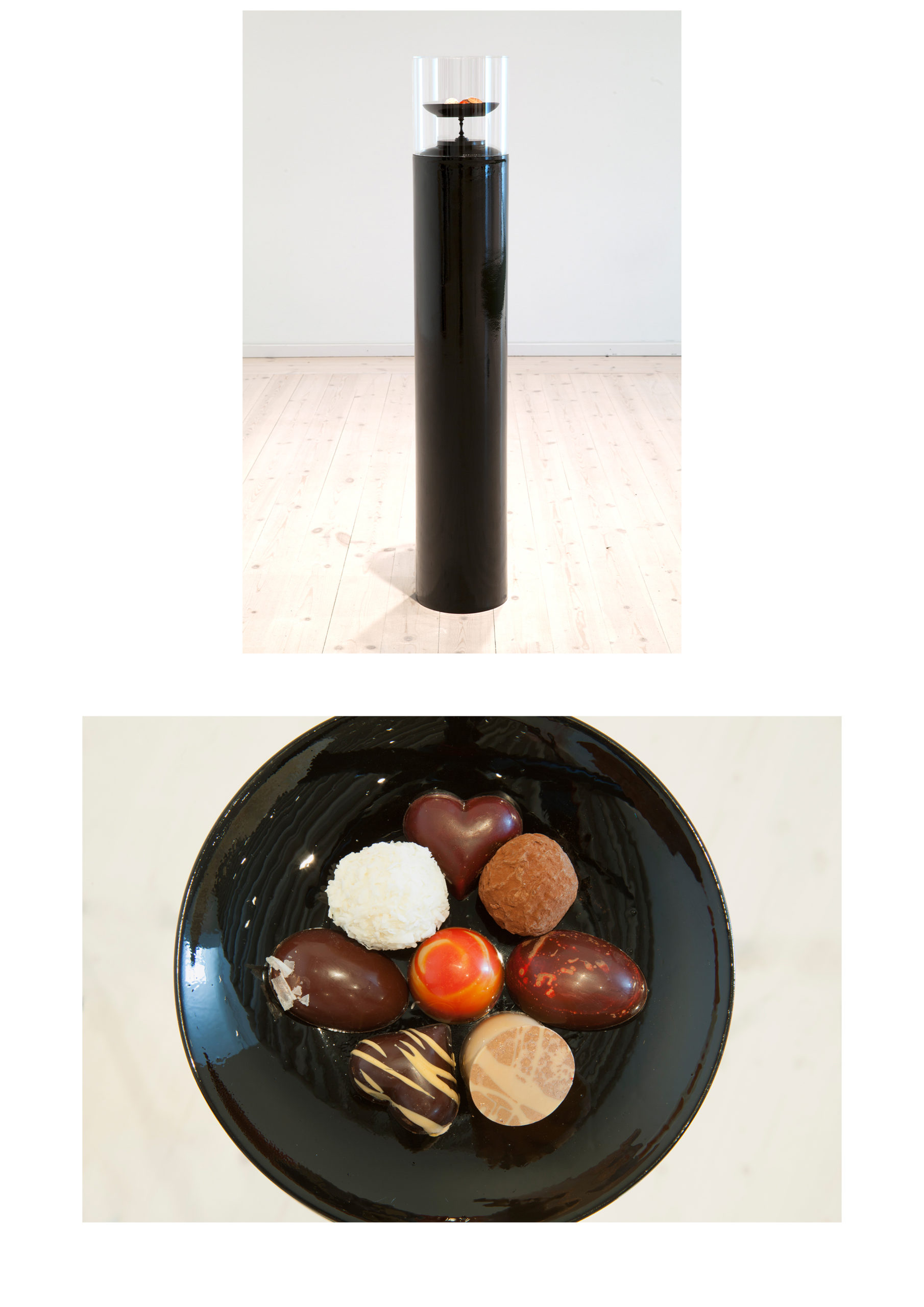 Jakob Westberg, "Sweet me", 2016. Pralines with content of the artists own fat, plexiglass, concrete form tube, porcelain ,wood, brass, mdf, industrial filler + paint. 120 x 20 x20 cm