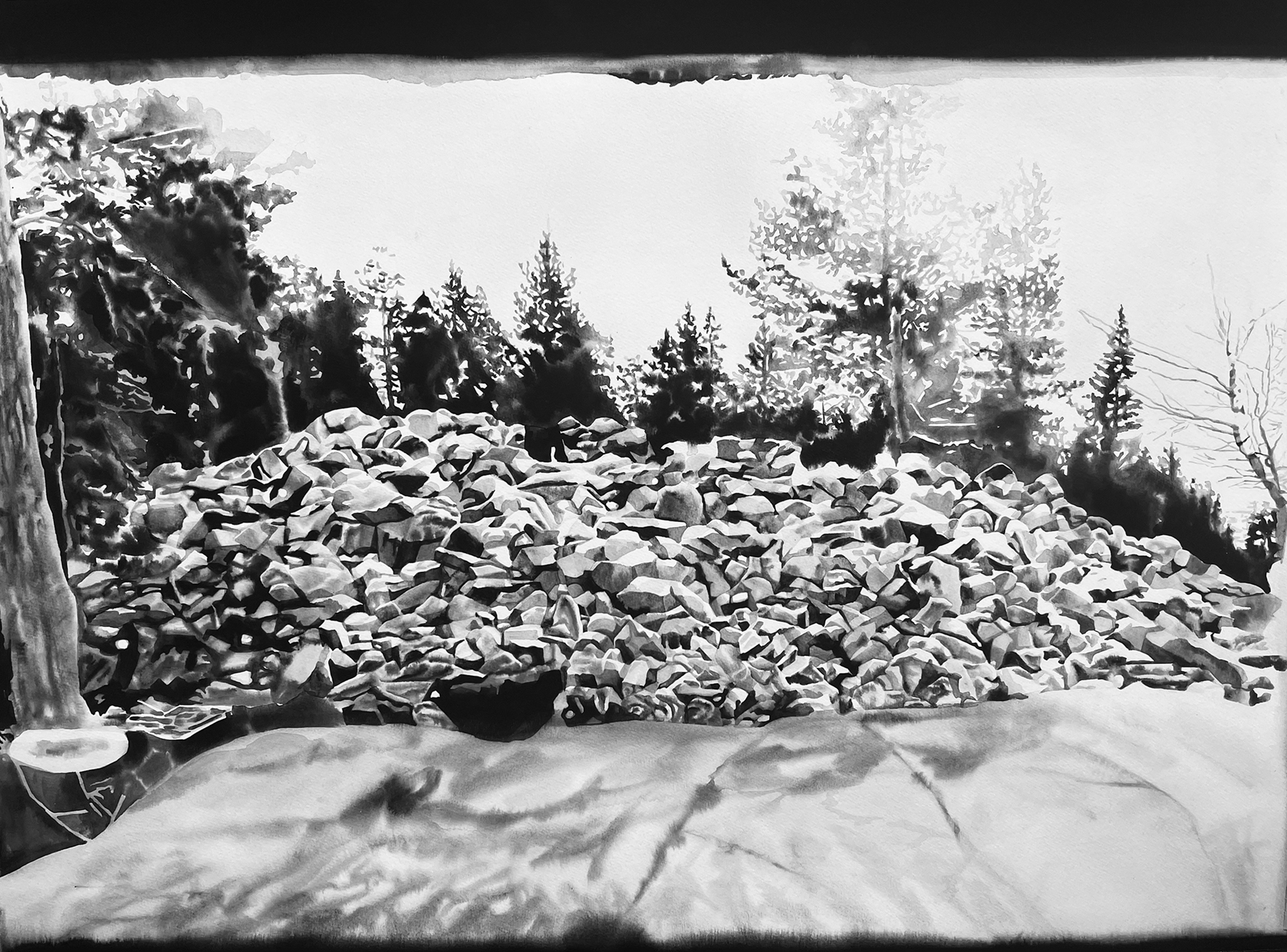 "Gråkroppsantagande", 2025. Warercolor on paper, 55 x 74 cm