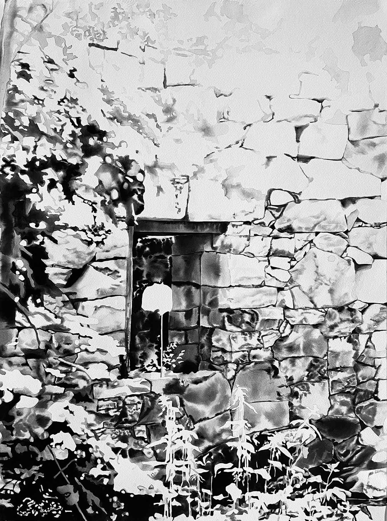 "Fotonernas fria rörelse när universum
blev transparent", 2025. Watercolor on paper, 74 x 55 cm.