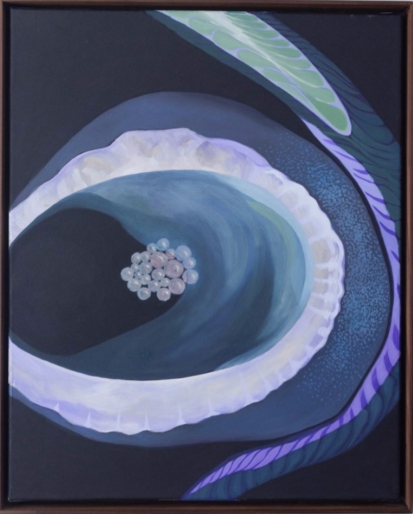 Hjördis Greta Gudmundsdottir:
SKÅL, ÅL OCH PÄRLOR, 2025
olja på duk, ram av lind
52 x 41,5 cm